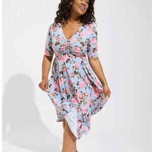 Torrid Midi Studio Knit Ruched Front Skater Dress Blue Floral Plus Size 1X EUC